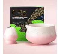 TEANAGOO Cuenco para matcha con boquilla, 2 cuencos de cerámica con diseño Fuji y soporte para batidor (chawan), cuenco rosa de 560 ml con soporte, juego de regalo para amigos/familiares