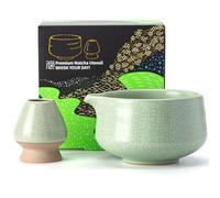 TEANAGOO Cuenco para matcha con boquilla, juego de cuencos de cerámica para matcha y soporte para batidor, 2 piezas Macha Chawan de 510 ml, verde claro mate con costura negra con soporte, cuenco de té
