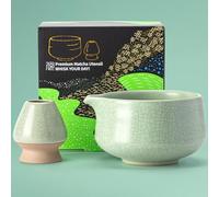 TEANAGOO Cuenco para matcha con boquilla, juego de cuencos de cerámica para matcha y soporte para batidor, 2 piezas Macha Chawan de 510 ml, verde claro mate con costura negra con soporte, cuenco de té