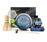 TEANAGOO Juego de 7 batidores de matcha, juego de matcha para ceremonia, kit de matcha azul junware, juego de té matcha para hacer desayuno/café con leche, cuenco de cerámica (chawan) con boquilla y