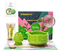 TEANAGOO Juego de 7 batidores matcha verdes con diseño de flor de cerezo, kit completo de ceremonia, cuenco de cerámica Chawan con boquilla, batidor y accesorios, juego de té matcha tradicional para
