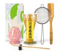 TEANAGOO Juego de batidores de matcha, batidor de matcha (100 puntas) con soporte rosa, juego de iniciación tradicional de 6 piezas, cuchara (chashaku), cuchara de té, casen de bambú para hacer café