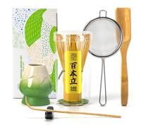 TEANAGOO Juego de batidores de matcha, batidor matcha (100 puntas) con soporte verde, juego de iniciación tradicional de 6 piezas, cuchara (chashaku), cuchara de té, casen de bambú para hacer café con