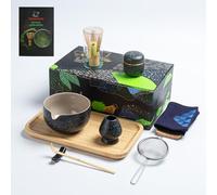 TEANAGOO Juego de Ceremonia del Té Matcha con Bandeja, Juego de Té Japonés Tazón de Matcha Batidor de Bambú Matcha Cuchara Cernedor Soporte para Batidor de Matcha Juego de Batidor,O1, Gris Carbón