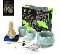TEANAGOO Juego de Matcha Batidor de Matcha Tazón de Matcha con pico vertedor Cuchara Batidor de Matcha Soporte Kit Juego de Té Japonés (7pcs) + 2 Tazas(5.6oz),S36,Celadon Azul