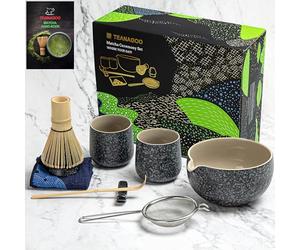 TEANAGOO Juego de Matcha Batidor de Matcha Tazón de Matcha con pico vertedor Cuchara Batidor de Matcha1 Juego de Té Japonés (7pcs) + 2 Tazas(7.2oz),S1,Gris Carbón