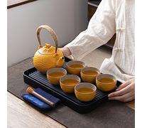 TEANAGOO Juego de té japonés completo para mujer, juego de té de cerámica asiática naranja, 6 teteras (700ml/25oz) + 6 tazas de té(110ml/4oz), U3, bandeja de té versátil con tubo de drenaje
