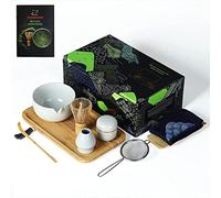 TEANAGOO Juego de té japonés con bandeja de bambú, tazón de matcha con vertedor, batidor de matcha de bambú (Chasen), pala (chashaku), soporte para batir, lata de polvo de té. O3, gris claro,..
