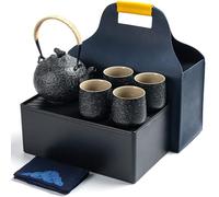 TEANAGOO Juego de té japonés portátil, juego de té de porcelana de viaje gris carbón, 1 tetera (700ml/25oz) + 4 tazas de té(205ml/7.2oz), U2, estuche de almacenamiento para bandeja de té