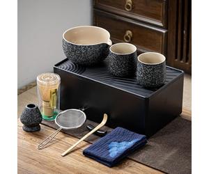 TEANAGOO Matcha Kit + 2 Tazas con caja de almacenamiento, 12 Pcs Travel Matcha Tea Set, Cerámica Matcha Bowl (18oz), Matcha Cup(7.2oz), Bamboo Whisk, WS1, Rock Charcoal Grey