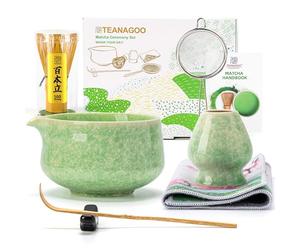 TEANAGOO Te Matcha Kit, Matcha Kit 7 piezas verde, kit de matcha de ceremonia, juego de té matcha para hacer café con leche, cuenco de cerámica (chawan) con boquilla y batidor