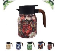 Teapot with Vintage Floral Pattern, Spill-Free V-Spout, Multi-layer Insulation, Stainless Steel Thermal Carafe for Tea & Coffee (Red)