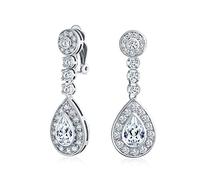 Teardrop Halo Cubic Zirconia Pave Cz Dangle Prom Declaración Clip En Pendientescolgantes Para Mujer Latón Plateado
