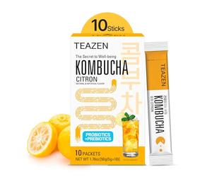 TEAZEN - Kombucha Limón Yuzu - Té Instantáneo Coreano con Yuzu y Probióticos - 10 Sobres - Sin Azúcar, Vegano, Bajo en Calorías - Preparación de Bebida Coreana con Prebióticos