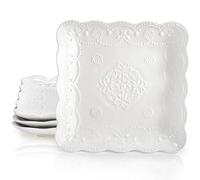 Tebery Juego de 4 platos cuadrados de cerámica en relieve, elegantes platos llanos de 10 pulgadas, color blanco marfil, platos de ensalada para servir aperitivos, platos de cocina para desayuno,