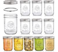 Tebery Paquete de 12 tarros anchos de cristal tipo Mason de 473 ml con tapas herméticas y anillos para fermentación, conservas, encurtidos, preparación de comidas, avena remojada, mermelada y jalea