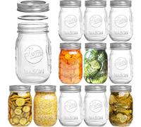 Tebery Paquete de 12 tarros de vidrio con estampado de bola de 16 onzas con boca regular, tarros de vidrio con tapas