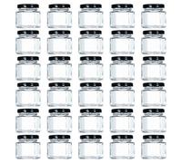 Tebery Paquete de 30 mini tarros de cristal hexagonales de 1.5 oz con tapas y etiquetas negras, tarros pequeños de miel, especias para regalos de boda, bricolaje