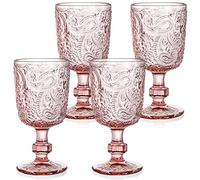 Tebery Paquete de 4 copas de vino de vidrio rosa vintage, 10 onzas, vasos de vidrio con tallo de bebida de color, juego de cristalería de diseño en relieve para agua, zumo, vino, cerveza y cócteles