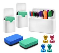 TEBOKHAD 3 Piezas Portalápices Magnético, Soporte Magnético Para Bolígrafos Con 2 Esponjas Borrador Para Pizarra Y 4 Clavijas, Para El Frigorífico, Taquillas, Hogar Oficina, Escuela (Blanco)