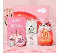Tecanne Juego de regalo de 60 cumpleaños para mujer, copa de vino de cristal personalizada, caja de regalo de ginebra para jubilación, para mamá, abuela, hermana, mejores amigas