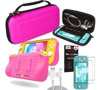 TECHGEAR Switch Lite Paquete de Accesorios: Funda y Protector de Pantalla para Nintendo Switch Lite, Funda protectora rígida de viaje, Carcasa Suave, 2x Vidrio Templado y Cable USB de 2m [ROSADO]