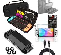 TECHGEAR Switch OLED Paquete de Accesorios: Funda protectora rígida de viaje, 4 Empuñaduras + 2m Cable USB y Estuche Soft, Poporte para 24 Juegos, 2x Vidrio Templado para Nintendo Switch OLED [Negro]
