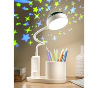 TechKen Lámpara de Escritorio para Niños, Lámpara de Noche LED Regulable Flexo LED para Lectura con Portalápices Lámpara de Mesa de Estudio Cuello de Cisne con Ces Proyección de Estrella