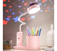 TechKen Lámpara de Escritorio para Niños, Lámpara de Noche LED Regulable Flexo LED para Lectura con Portalápices Lámpara de Mesa de Estudio Cuello de Cisne con Ces Proyección de Estrella