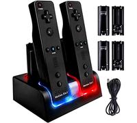TechKen Wii Controller Charger, Estación de Carga para 2 Mandos de Wii y 2 Akkus Wii Wiimote Charging Station con 4 Baterías de 2800MAH (Black)