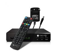 Techly 360974 - Receptor digital terrestre DVB-T/T2 H.265 HEVC 10 bit metal con mando a distancia universal 2 en 1 con fuente de alimentación 12 V negro
