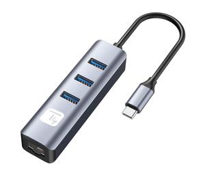 Techly IDATA USB-ETGIGA3CA Adaptador/Tarjeta de Red USB-C a RJ45 Gigabit, Hub 3x USB-A