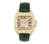 Techno Pave Reloj para hombre de 32 mm con correa de piel, forma cuadrada, esfera romana, estilo hip-hop de lujo, Dorado, verde , mens-standard