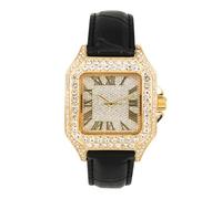 Techno Pave Reloj para hombre de 32 mm con correa de piel, forma cuadrada, esfera romana, estilo hip-hop de lujo, Negro dorado, mens-standard, Moderno