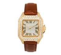 Techno Pave Reloj para hombre de 32 mm con correa de piel, forma cuadrada, esfera romana, estilo hip-hop de lujo, Dorado, Marrón (Gold Brown), mens-standard