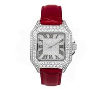 Techno Pave Reloj para hombre de 32 mm con correa de piel, forma cuadrada, esfera romana, estilo hip-hop de lujo, Plateado, rojo, mens-standard