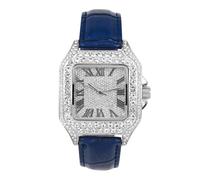 Techno Pave Reloj para hombre de 32 mm con correa de piel, forma cuadrada, esfera romana, estilo hip-hop de lujo, Azul plateado, mens-standard