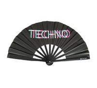 Techno-XL - Abanico de mano con brillo UV, color verde claro, accesorio imprescindible para Techno Rave Festivals Club, plegable, grande, madera de bambú, color negro