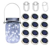 TecHong - 12 tapas de luz solar para tarros de masón, 30 luces LED colgantes de hadas, luciérnagas, impermeables, para exteriores, patio, porche, jardín, balcón, césped, decoración de pared (no