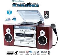 TechPlay Karaoke habilitado, 30 W RMS, Retro Classic Turntable, NFC Bluetooth, doble cassette Player/Recorder, CD MP3 Player, USB SD Ports, AM/FM Digital Reloj despertador y control remoto completo