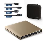 techPulse120 Unidad externa USB 3.1 Blu-ray DVD CD USB-C UHD 4k 3D M-DISC BDXL HDR10 128GB Unidad Grabadora Burner Superdrive BD Imperator Paquete Bolsa 90 cm Cable de conexión Aluminio Oro