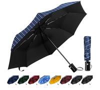 TechRise - Paraguas automático compacto, resistente al viento, fuerte, plegable, ligero y portátil, para viajes, golf y lluvia, con botón para apertura y cierre automático, Cuadros azules, L