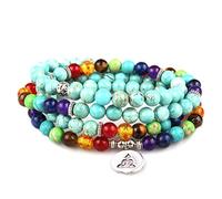 Techson Pulsera de 7 chakras, 108 cuentas mala, pulsera envolvente, collar de oración budista turquesa de 8 mm con banderín del árbol de la vida, 34 inch, Piedra, Turquoise