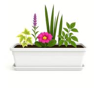TECHZOCO Jardinera de plástico con Plato, Macetero Jardín, Incluye Plato, Fabricado en Polipropileno, Apto balcón, Patio, Interior/Exterior, 50 cm Largo x 16.5 cm Alto x 18 cm Fondo, Blanco