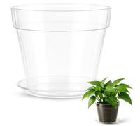 TECHZOCO Macetero con Plato, Maceta Redonda clásica de plástico con Plato, Tiesto para Plantas, Fabricado en Polipropileno, 14 cm Altura x 15 cm Diámetro Superior x 9 cm Diámetro Base, Transparente.