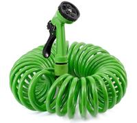 TECHZOCO Manguera en espiral de jardín, Manguera de agua extensible, Manguera de riego espiral, Fabricada en Polipropileno, 7 modalidades de riego, Inclye pistola, Verde, Extensible hasta 15 Metros