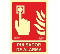 TECHZOCO Señal pulsador alarma, Señal luminiscente pulsador, fotoluminiscentes, Cumple normativa ISO - UNE 23034:2023, CTE, RIPCI nueva ley, PVC 0,7mm, Clase B 800 min de atenuación, tamaño 21 x 30 cm