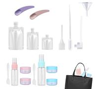 TECKI Kit Viajes Accesorios (18 Pcs) - Travel Essentials, Bolsa Transparent, Botes Viaje Rellenables, Herramientas de Pipeteo, para Champú, Gel De Baño, Acondicionador, Crema, Perfume, Skincare