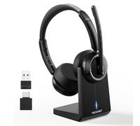TECKNET Auriculares Inalámbricos Bluetooth Diadema, Auriculares con Micrófono IA Anti-Ruido, Base de Carga y Adaptador USB, Cascos Cancelación de Ruido Recargables para Oficina, Centros de Llamadas