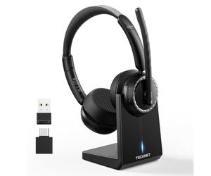 TECKNET Auriculares Inalámbricos Bluetooth Diadema, Auriculares con Micrófono IA Anti-Ruido, Base de Carga y Adaptador USB, Cascos Cancelación de Ruido Recargables para Oficina, Centros de Llamadas
